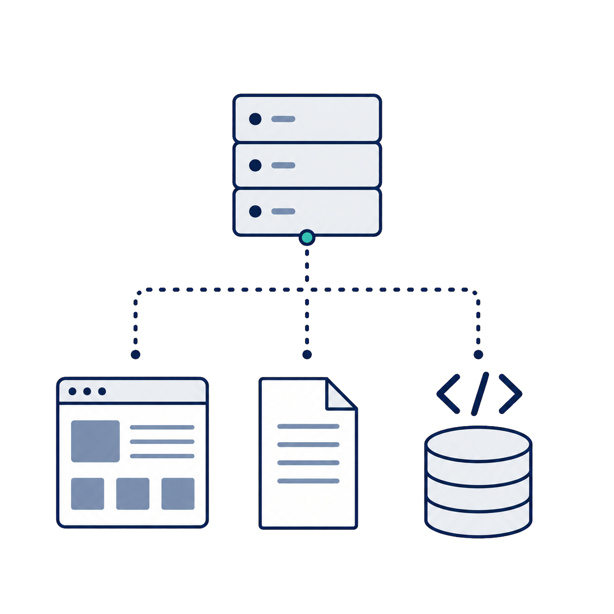 サーバーからCMS、静的サイト、データベースへ接続するイラスト