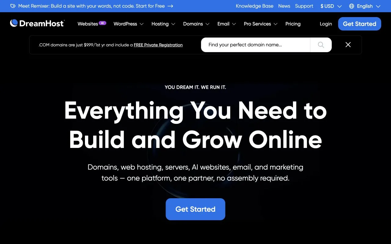 DreamHost公式サイトのファーストビュー
